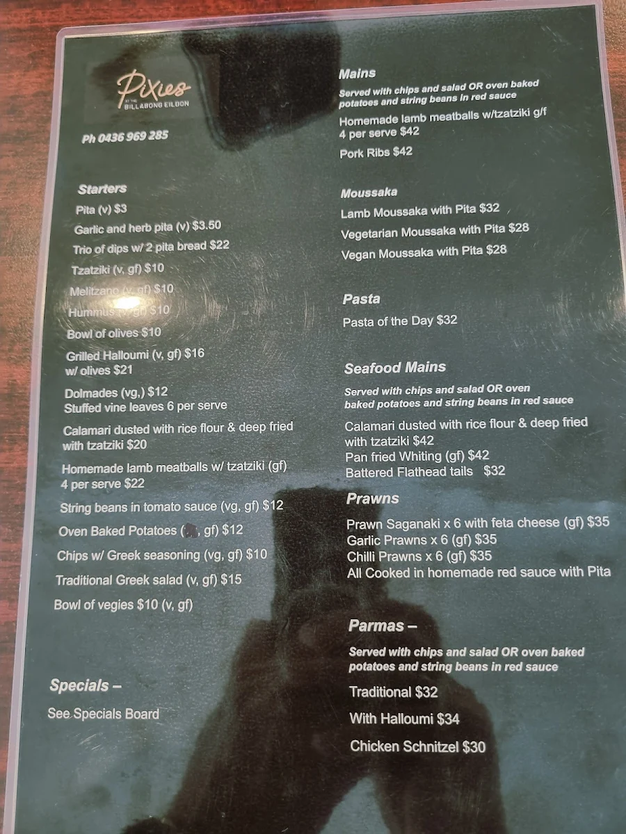 Menu, Pixies at the Billabong Eildon