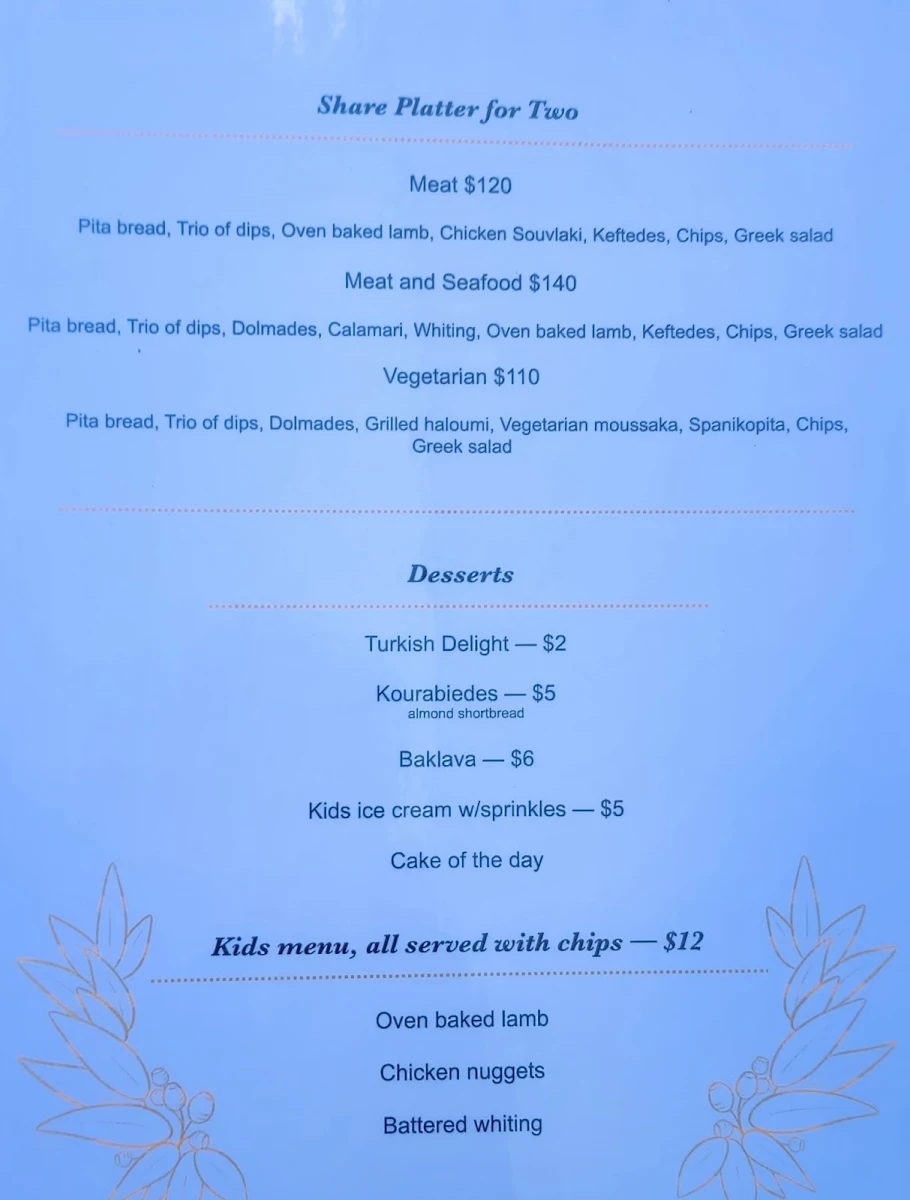 Menu, Pixies at the Billabong Eildon