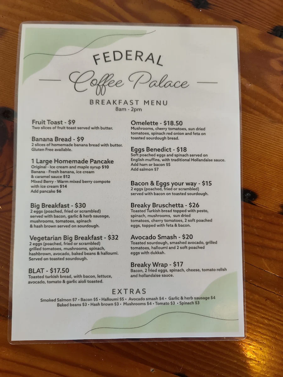 Menu, Yarram Coffee Palace