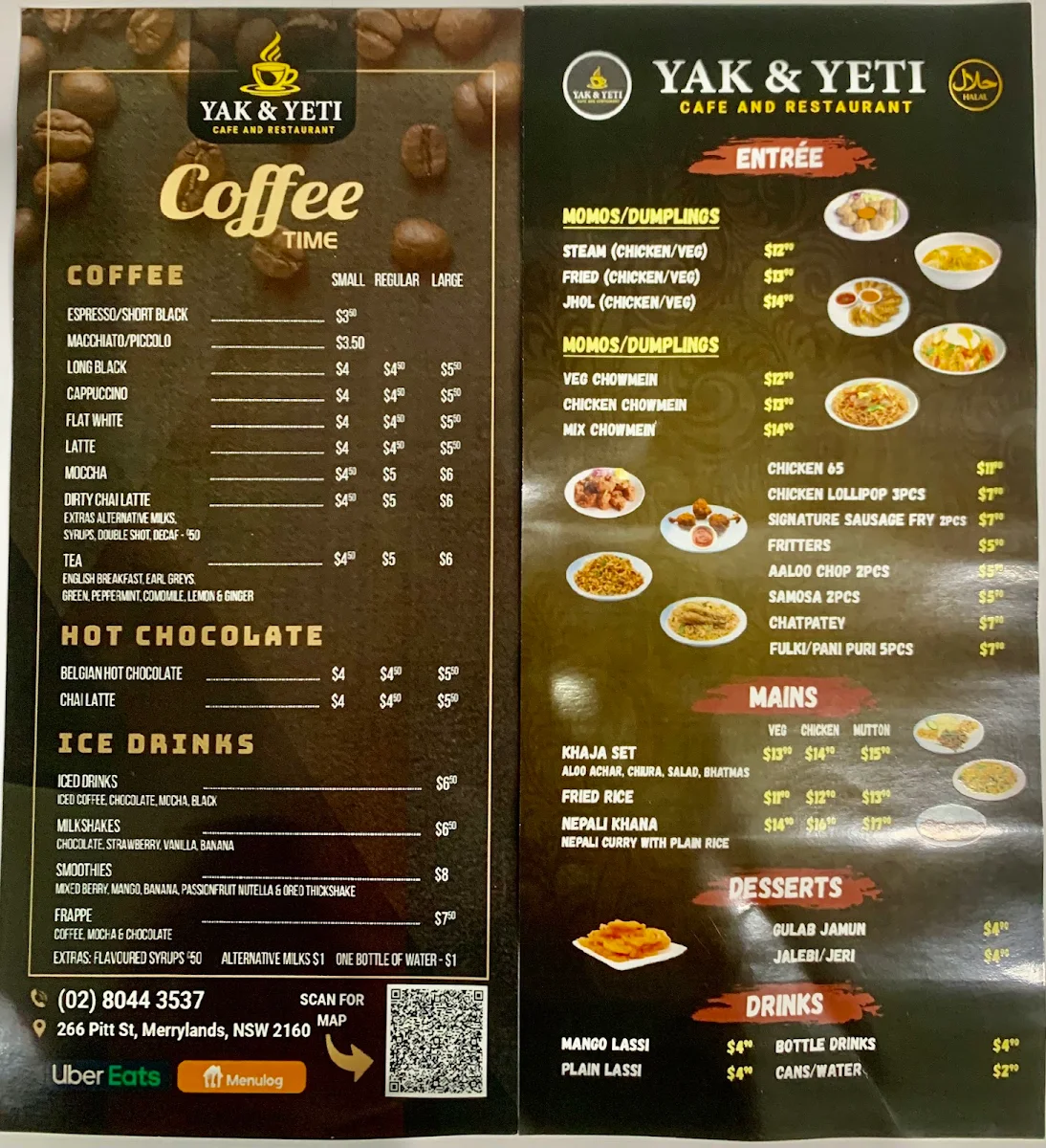 Menu, Yak & Yeti Cafe and Restaurant