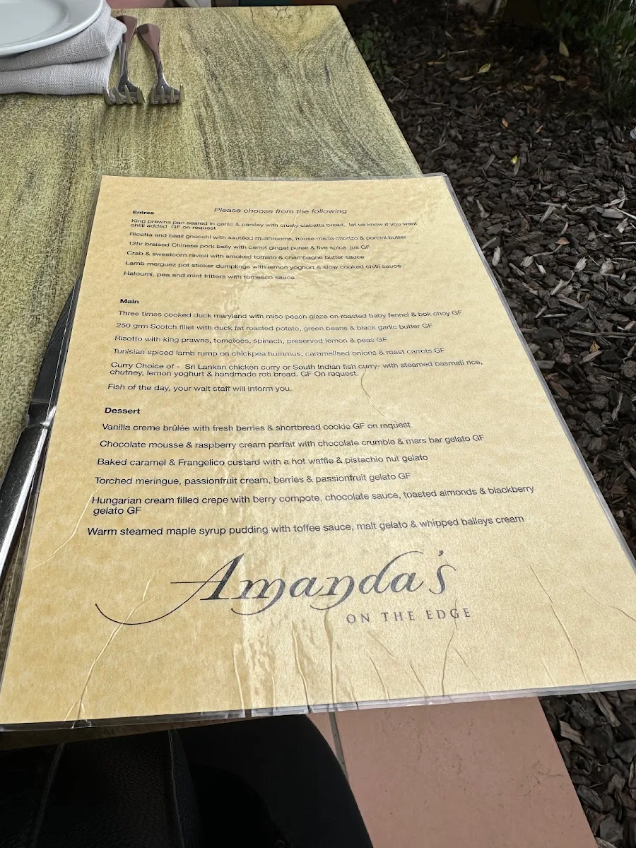 Menu, Amanda's on the Edge Restaurant