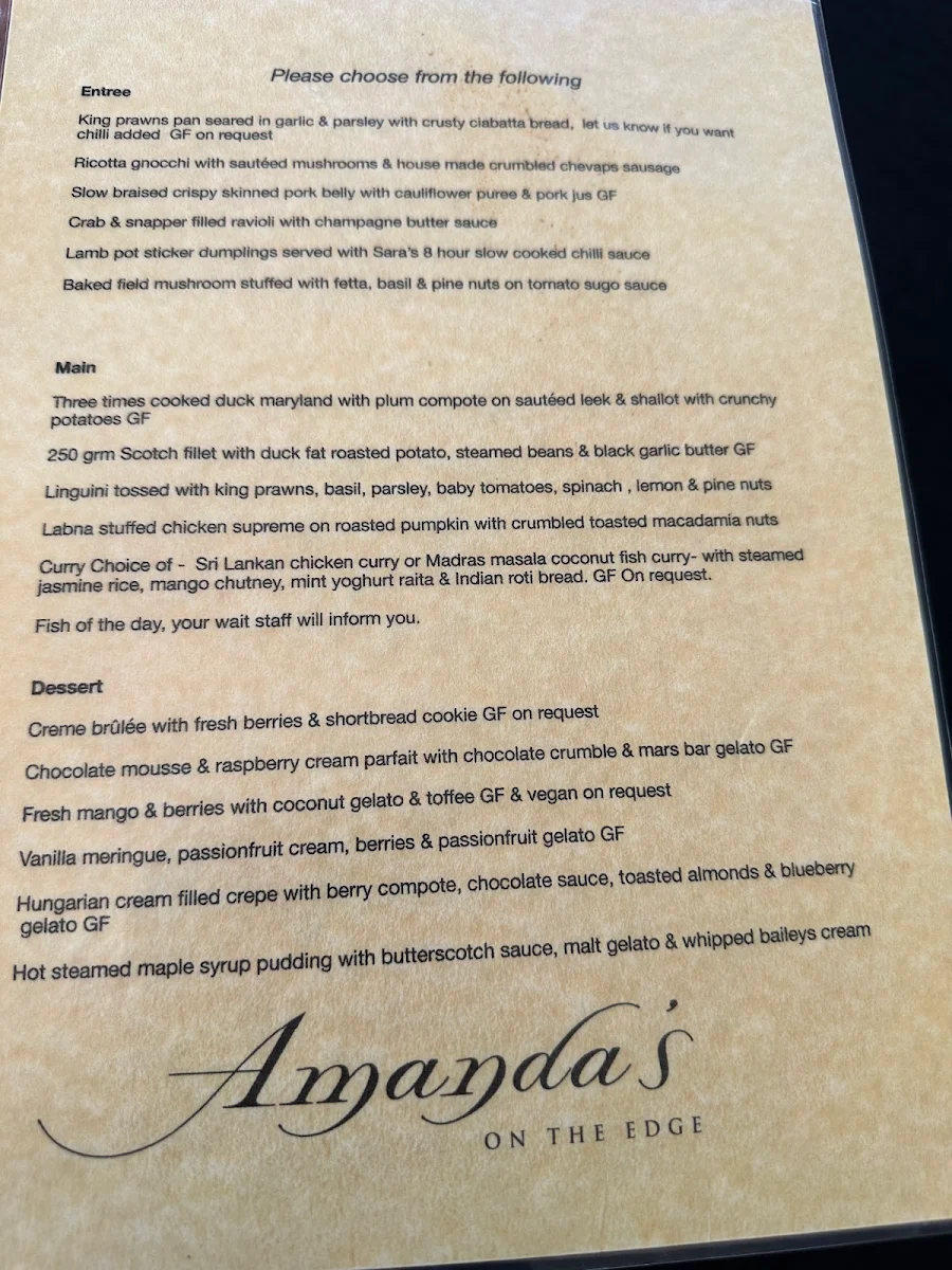 Menu, Amanda's on the Edge Restaurant