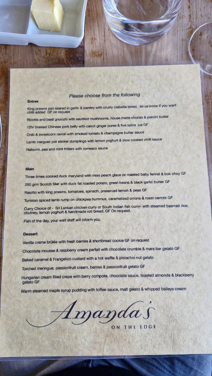 Menu, Amanda's on the Edge Restaurant