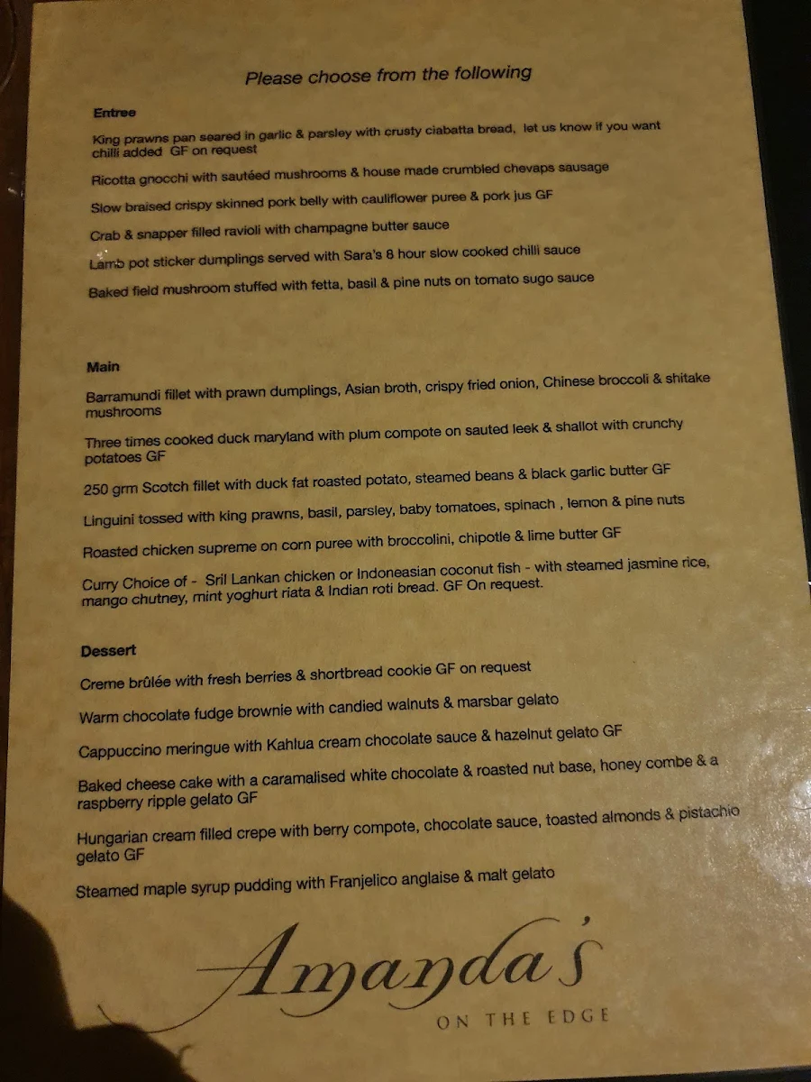 Menu, Amanda's on the Edge Restaurant