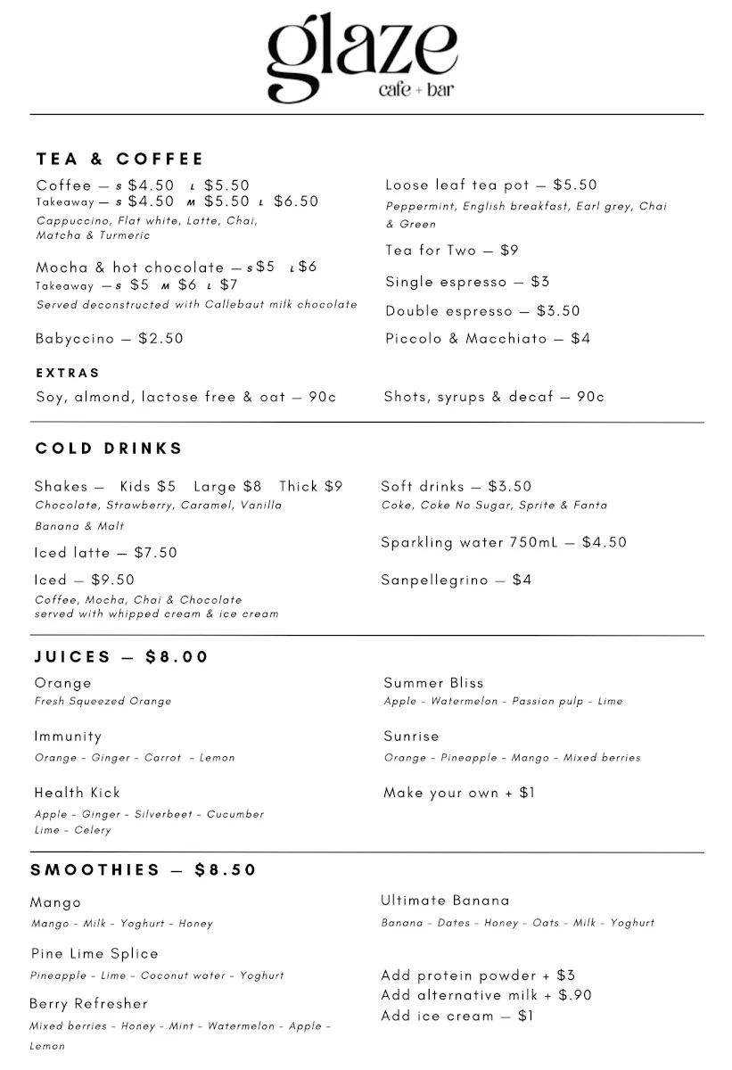 Menu, Glaze Cafe Bar