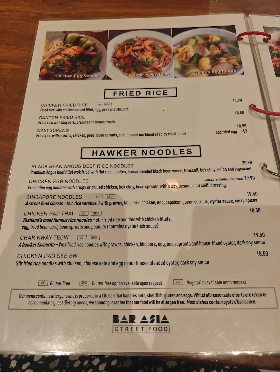 Menu, Bar Asia (Annandale)