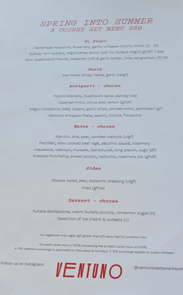 Menu, Ventuno Restaurant