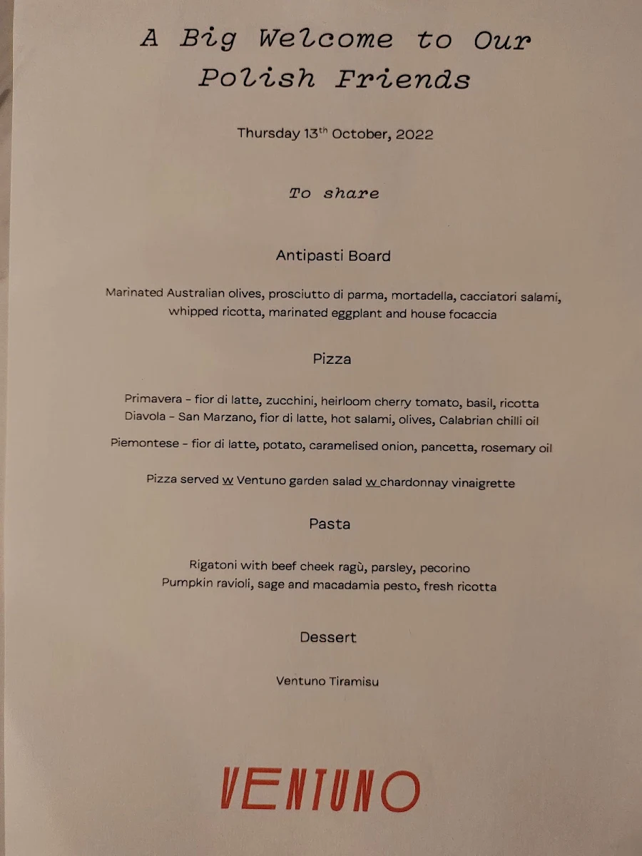 Menu, Ventuno Restaurant