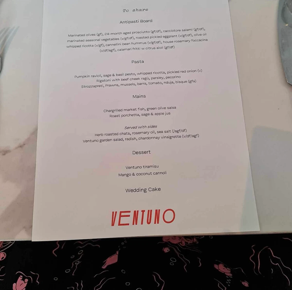 Menu, Ventuno Restaurant