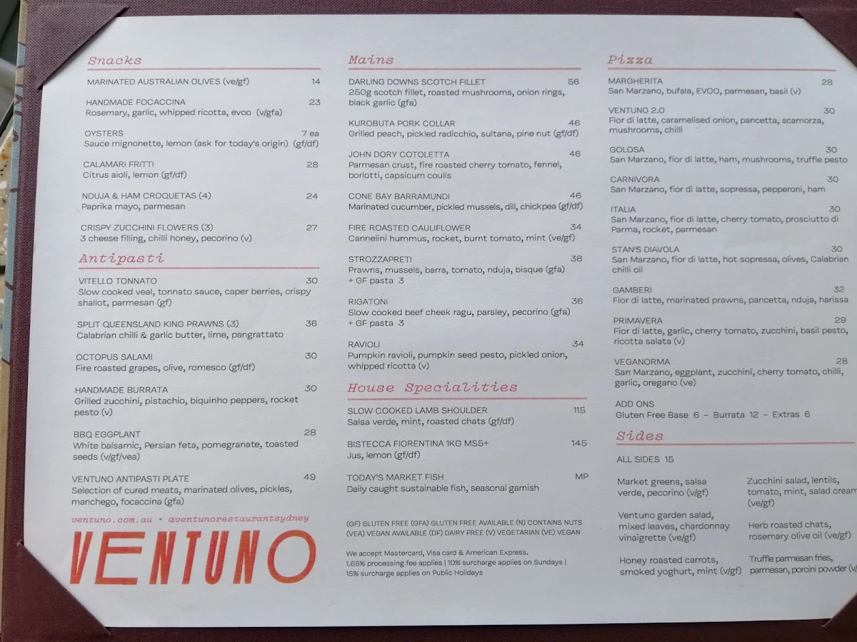 Menu, Ventuno Restaurant