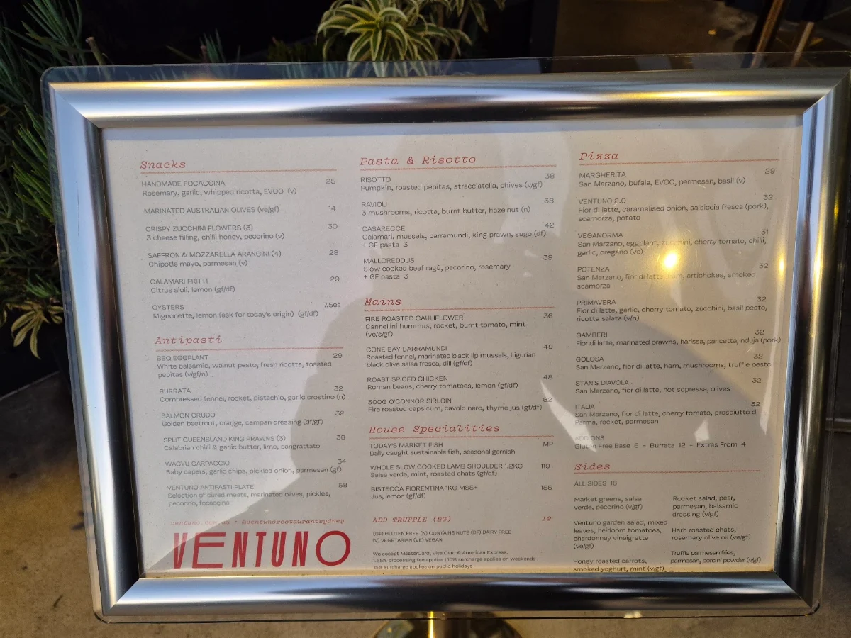 Menu, Ventuno Restaurant