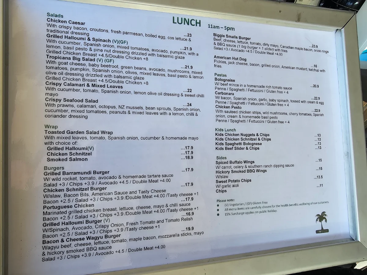 Menu, Tropicana Cafe
