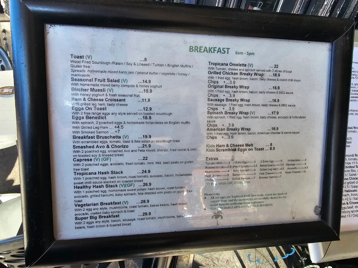 Menu, Tropicana Cafe