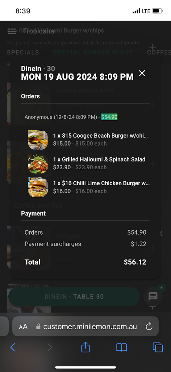 Menu, Tropicana Cafe