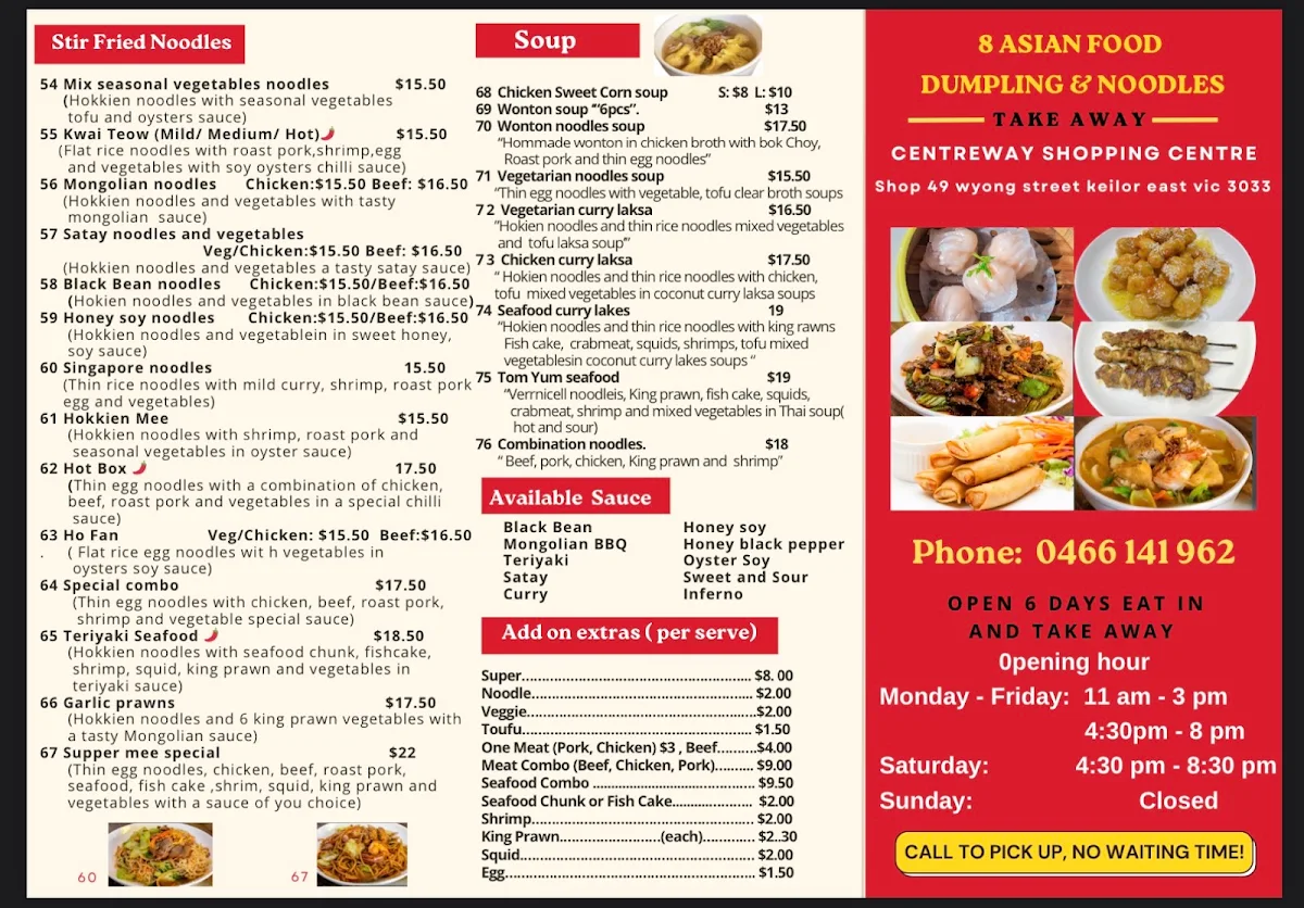 Menu, 8 Asian Food Dumpling and Noodles