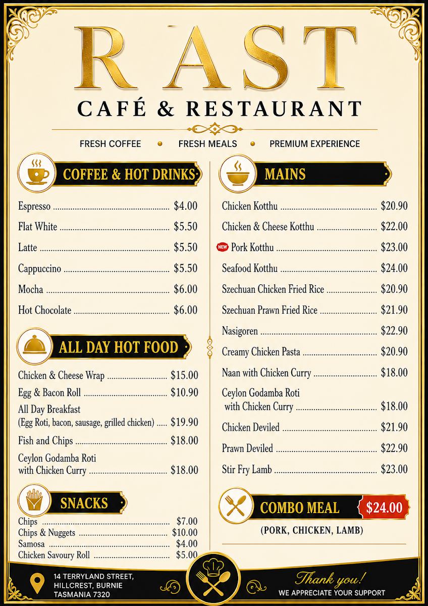 Menu, RAST Cafe & Restaurant