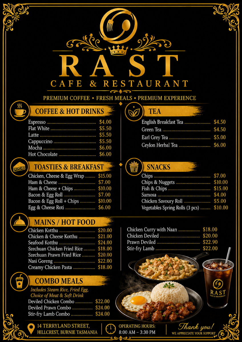 Menu, RAST Cafe & Restaurant