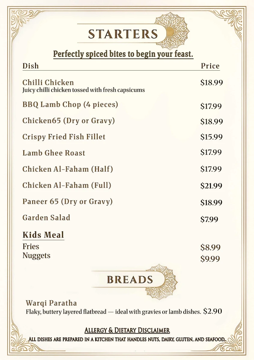 Menu, Zaitoon Mandi House - Hyderabadi Spice Arabian Soul -Halal Restaurant