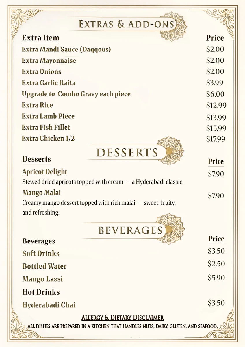 Menu, Zaitoon Mandi House - Hyderabadi Spice Arabian Soul -Halal Restaurant