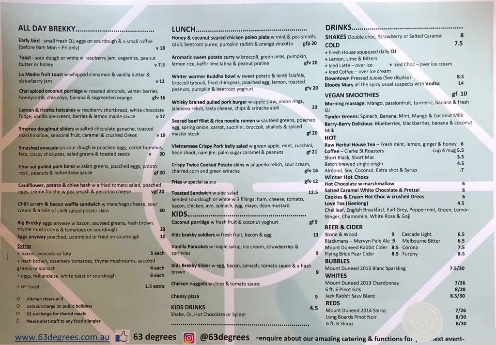 Menu, 63 Degrees