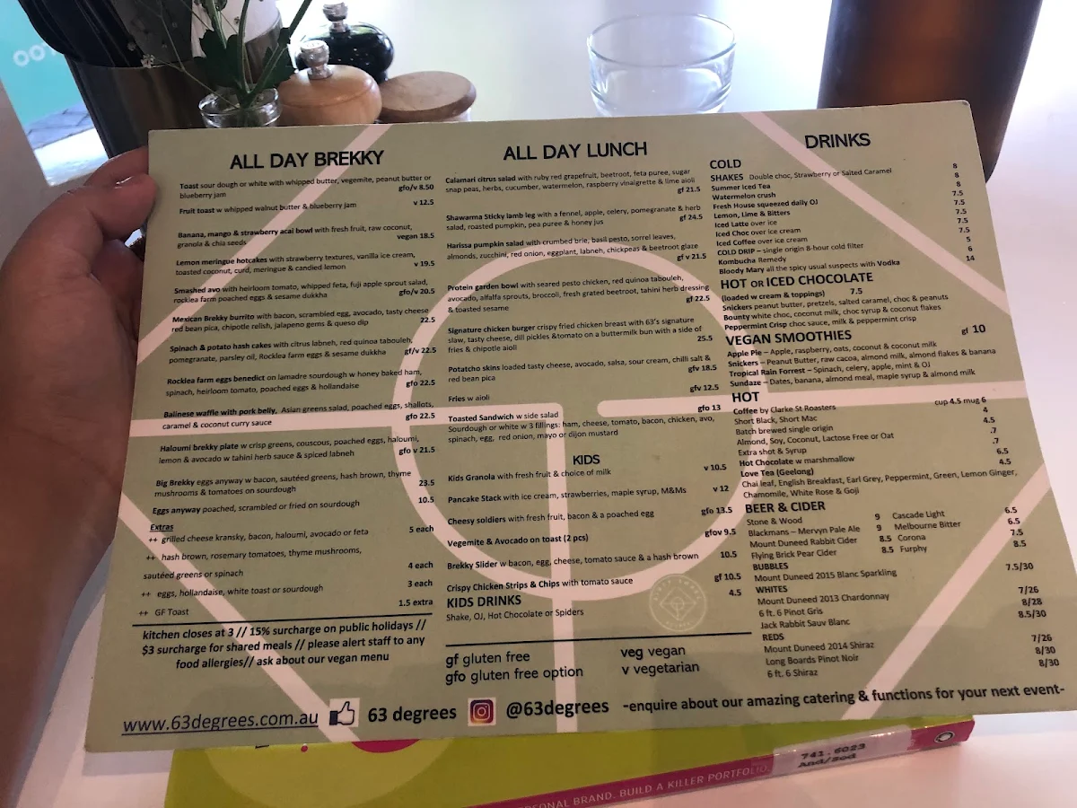 Menu, 63 Degrees