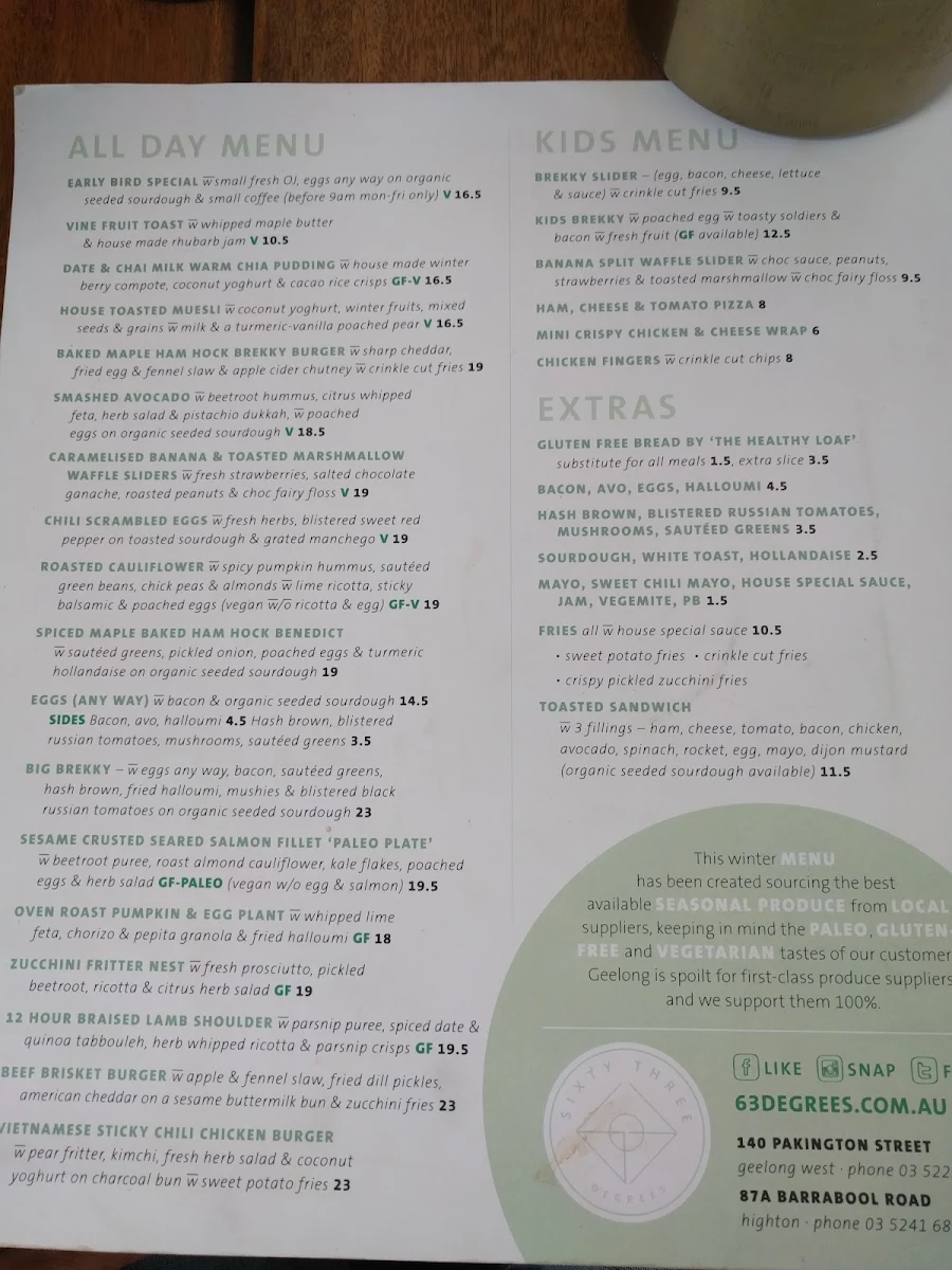 Menu, 63 Degrees