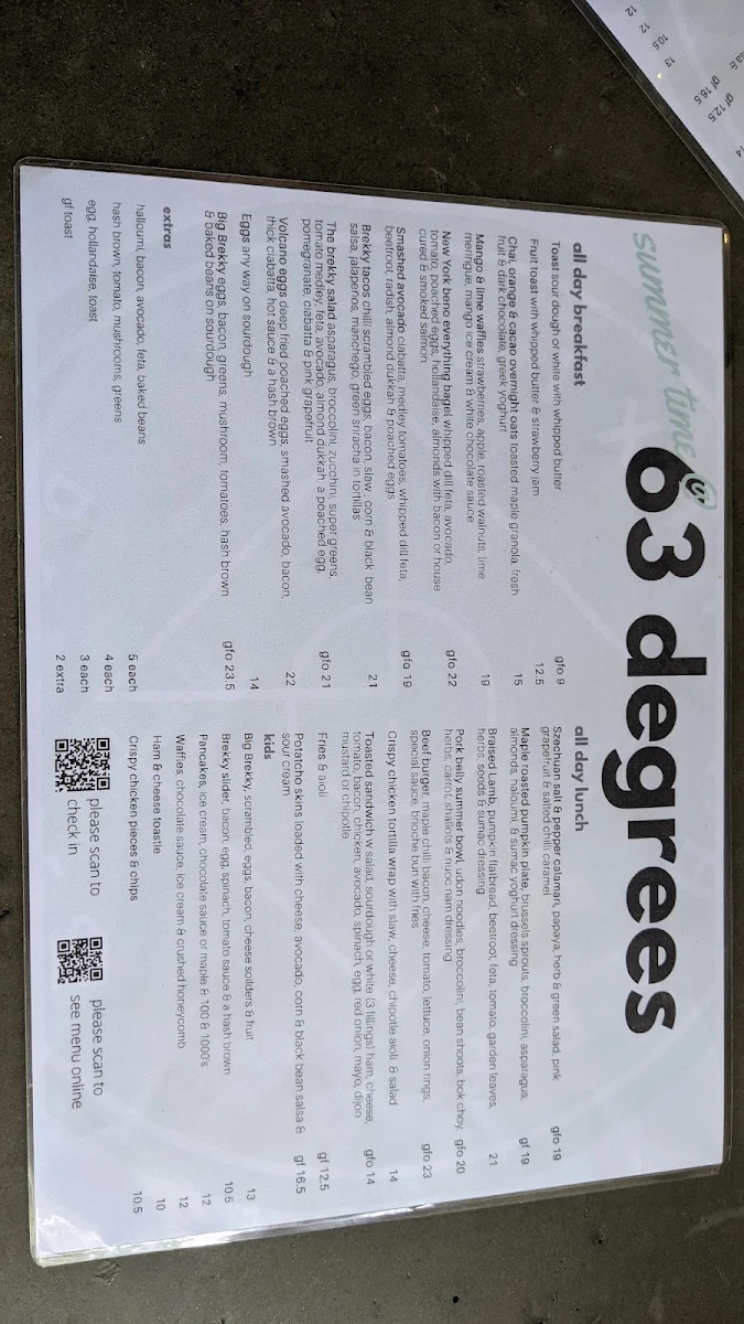 Menu, 63 Degrees