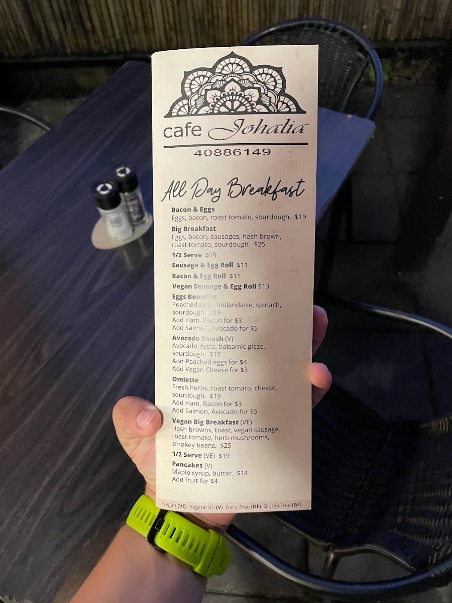 Menu, Cafe Johalia