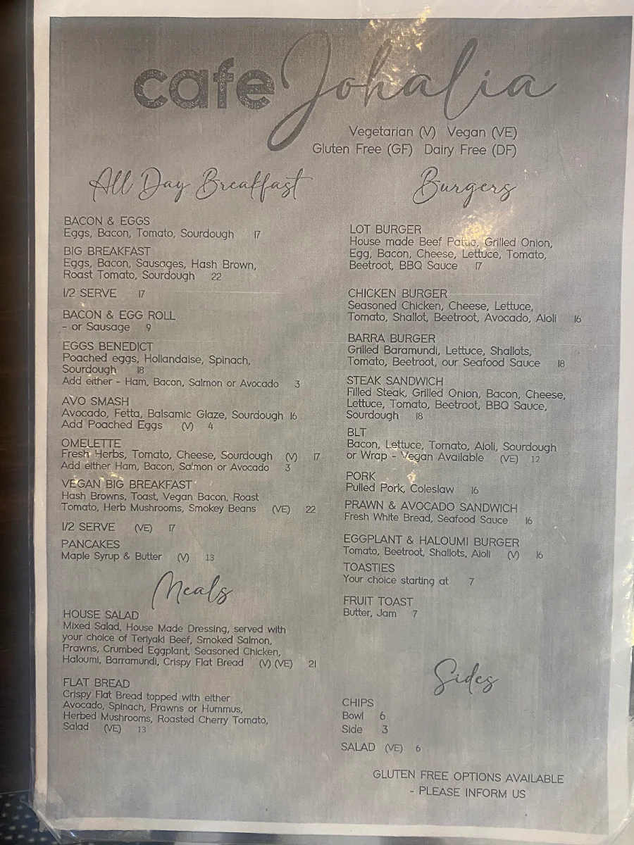 Menu, Cafe Johalia