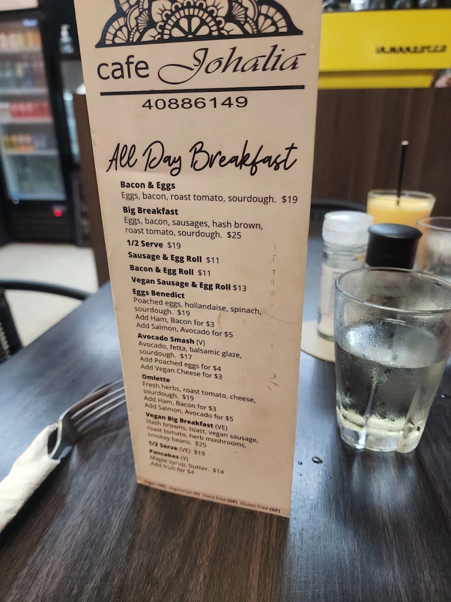 Menu, Cafe Johalia