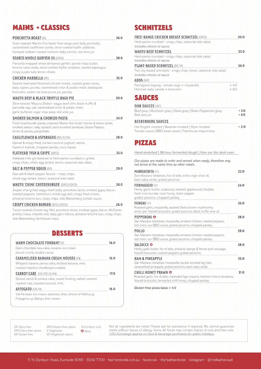 Menu, Feathers Hotel