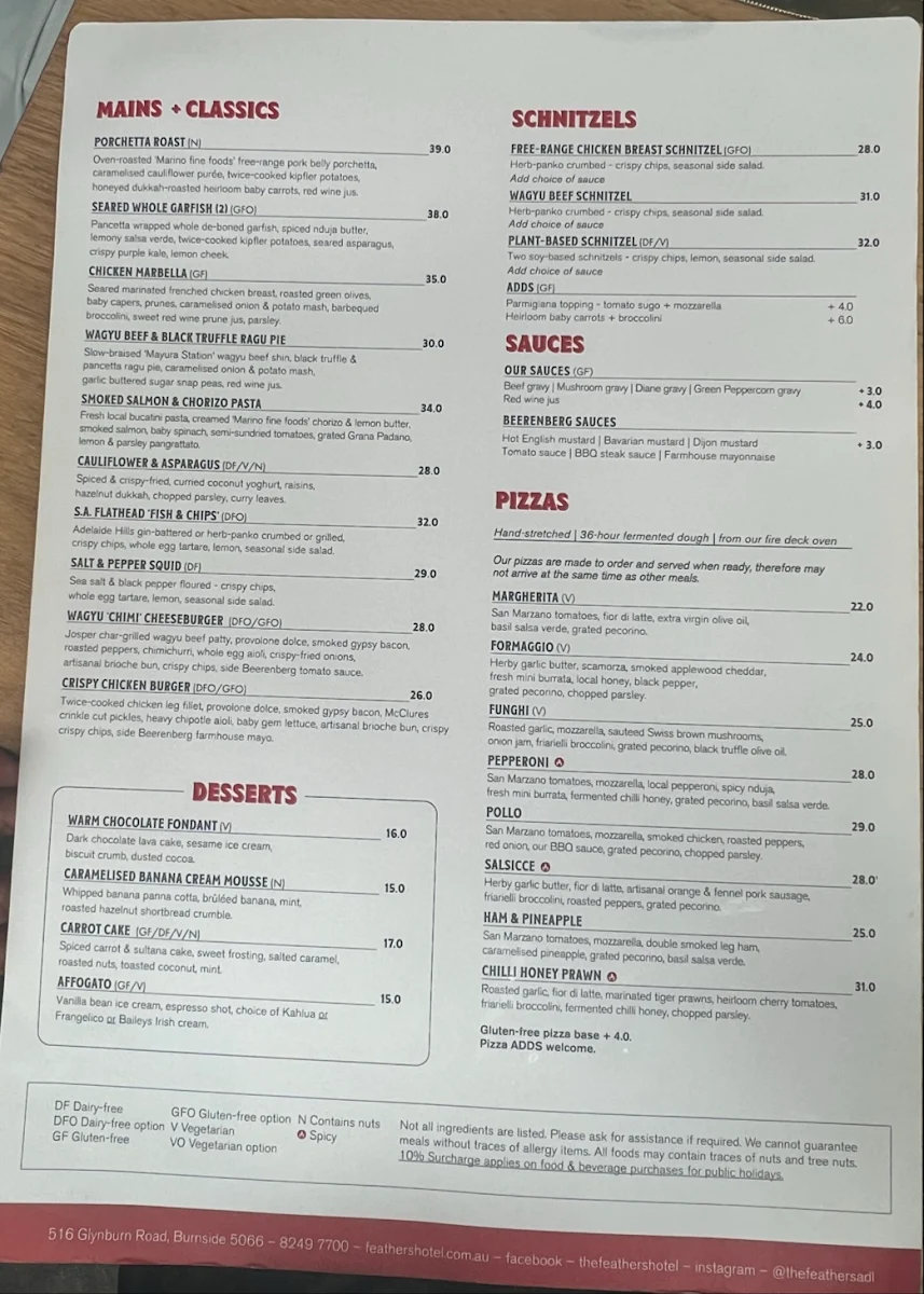 Menu, Feathers Hotel