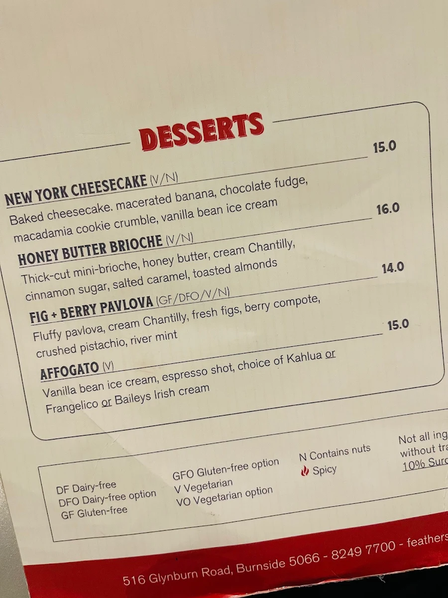 Menu, Feathers Hotel