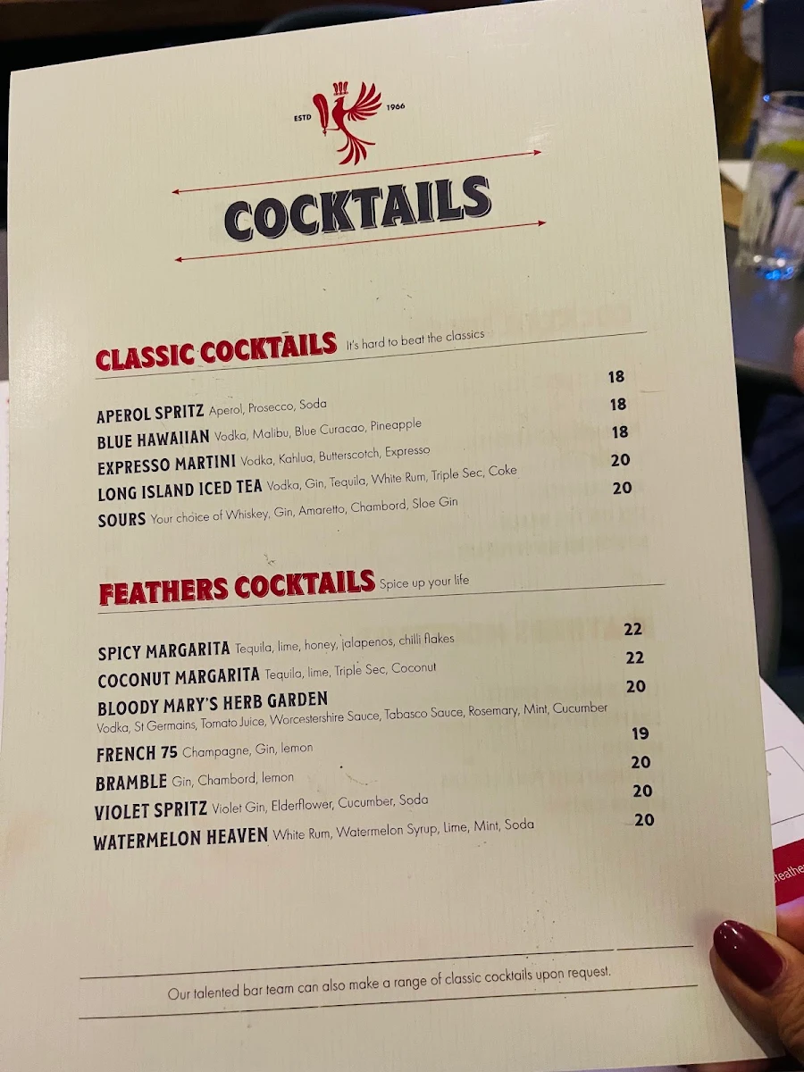 Menu, Feathers Hotel