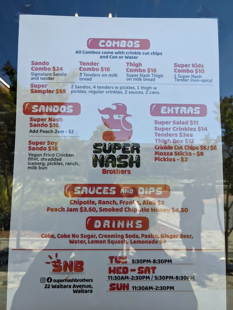 Menu, Super Nash Brothers Waterloo