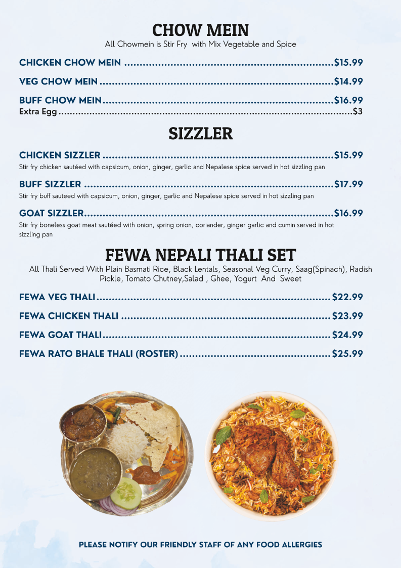 Menu, FEWA KITCHEN