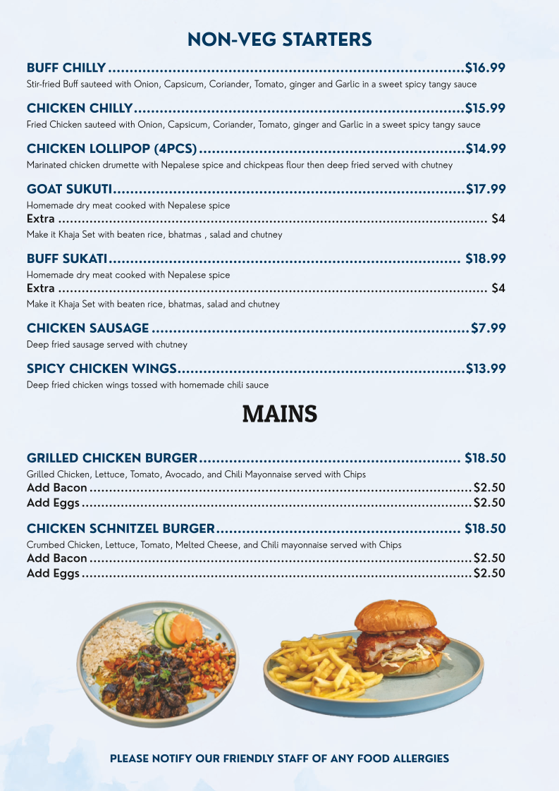 Menu, FEWA KITCHEN