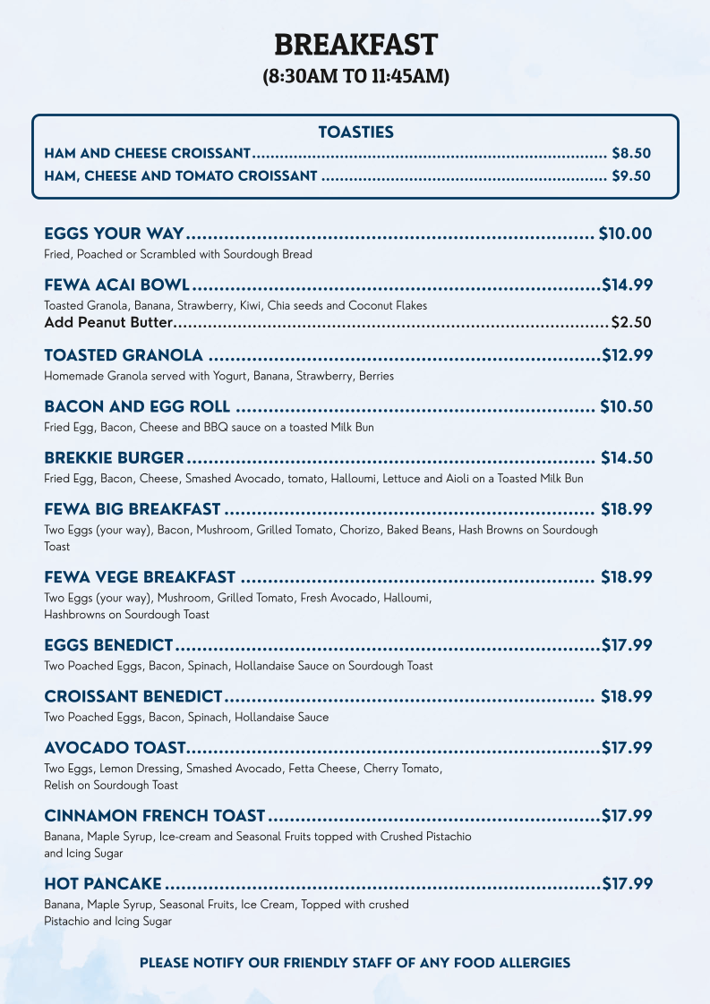 Menu, FEWA KITCHEN