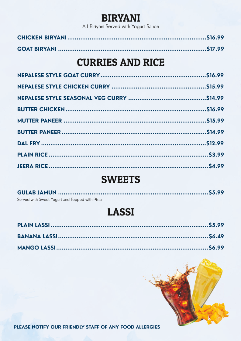 Menu, FEWA KITCHEN