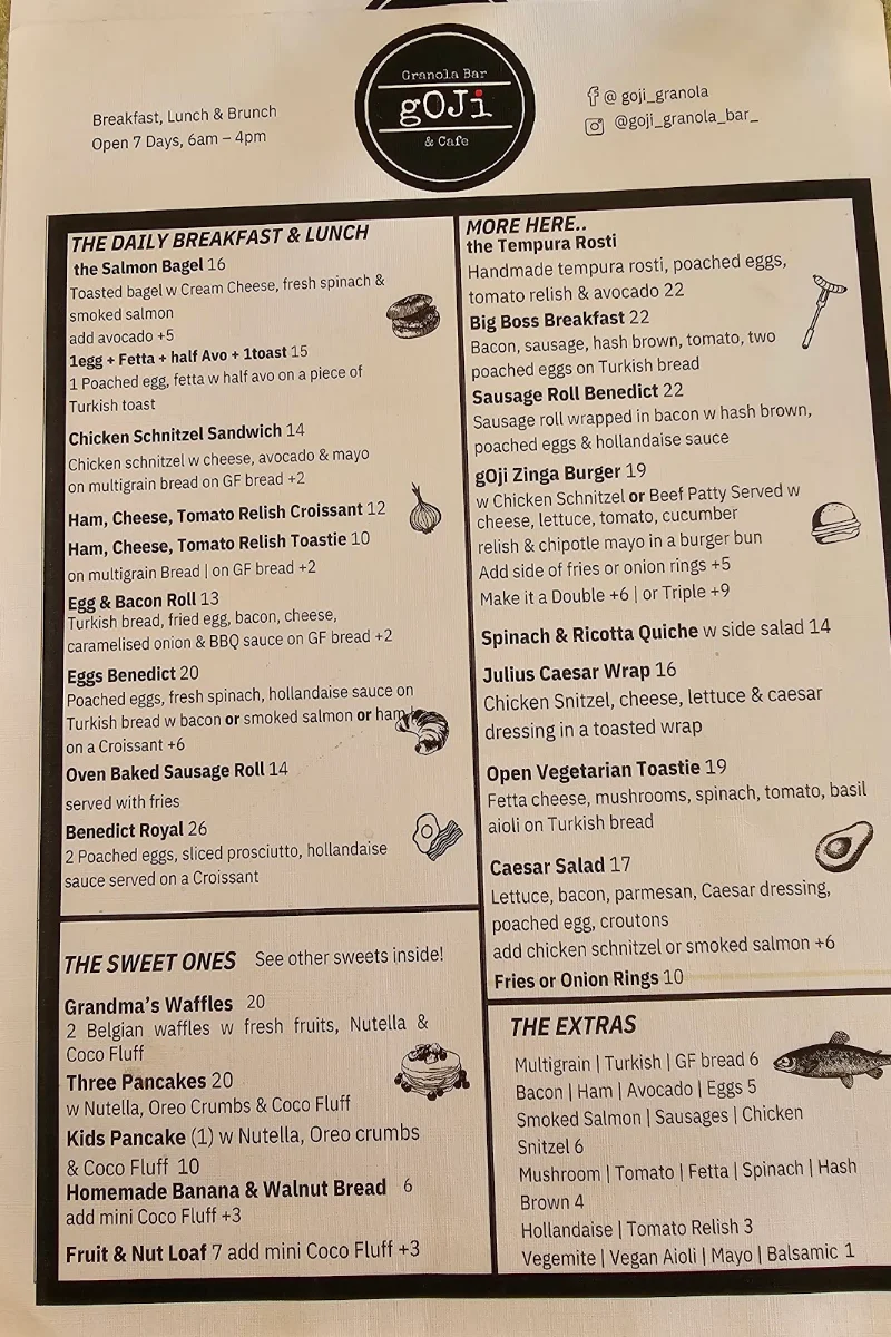 Menu, Goji Granola Bar & Cafe