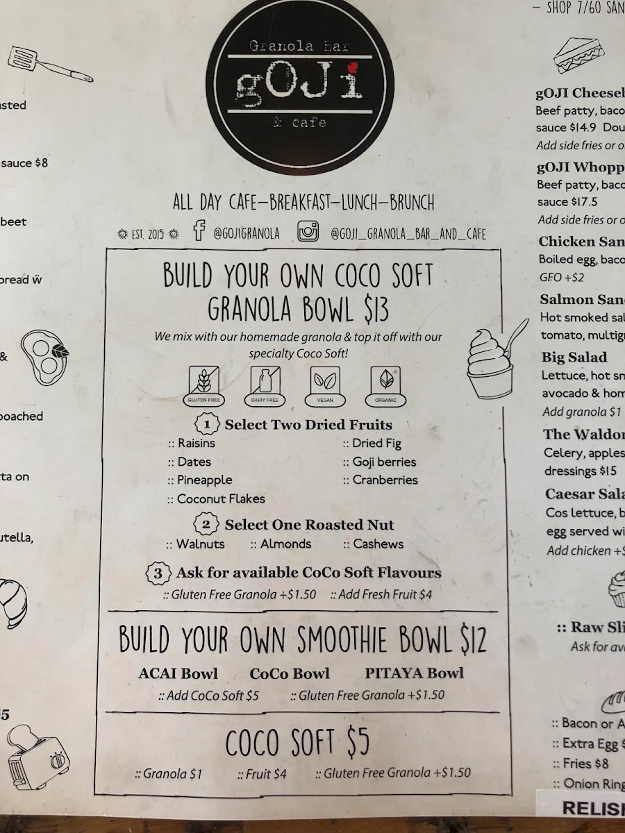 Menu, Goji Granola Bar & Cafe