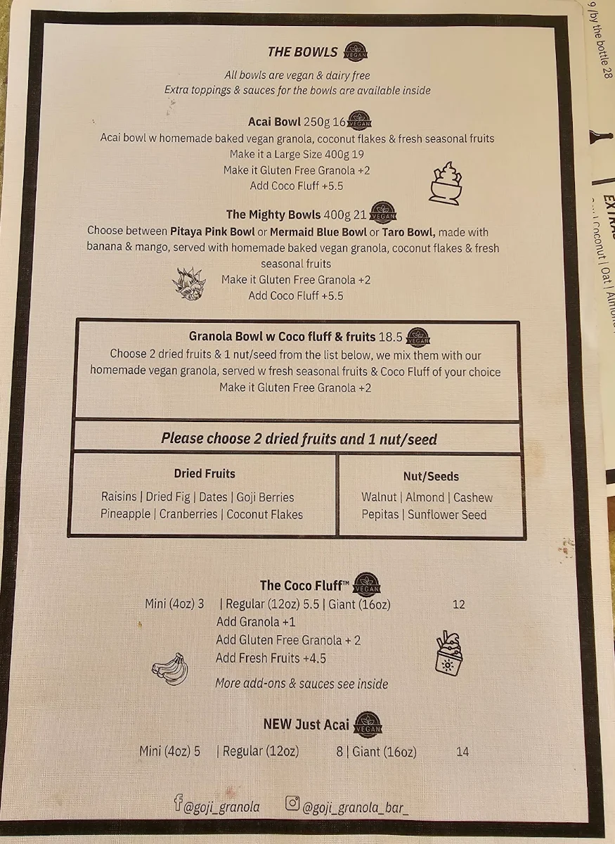 Menu, Goji Granola Bar & Cafe