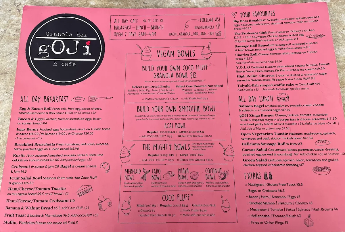 Menu, Goji Granola Bar & Cafe