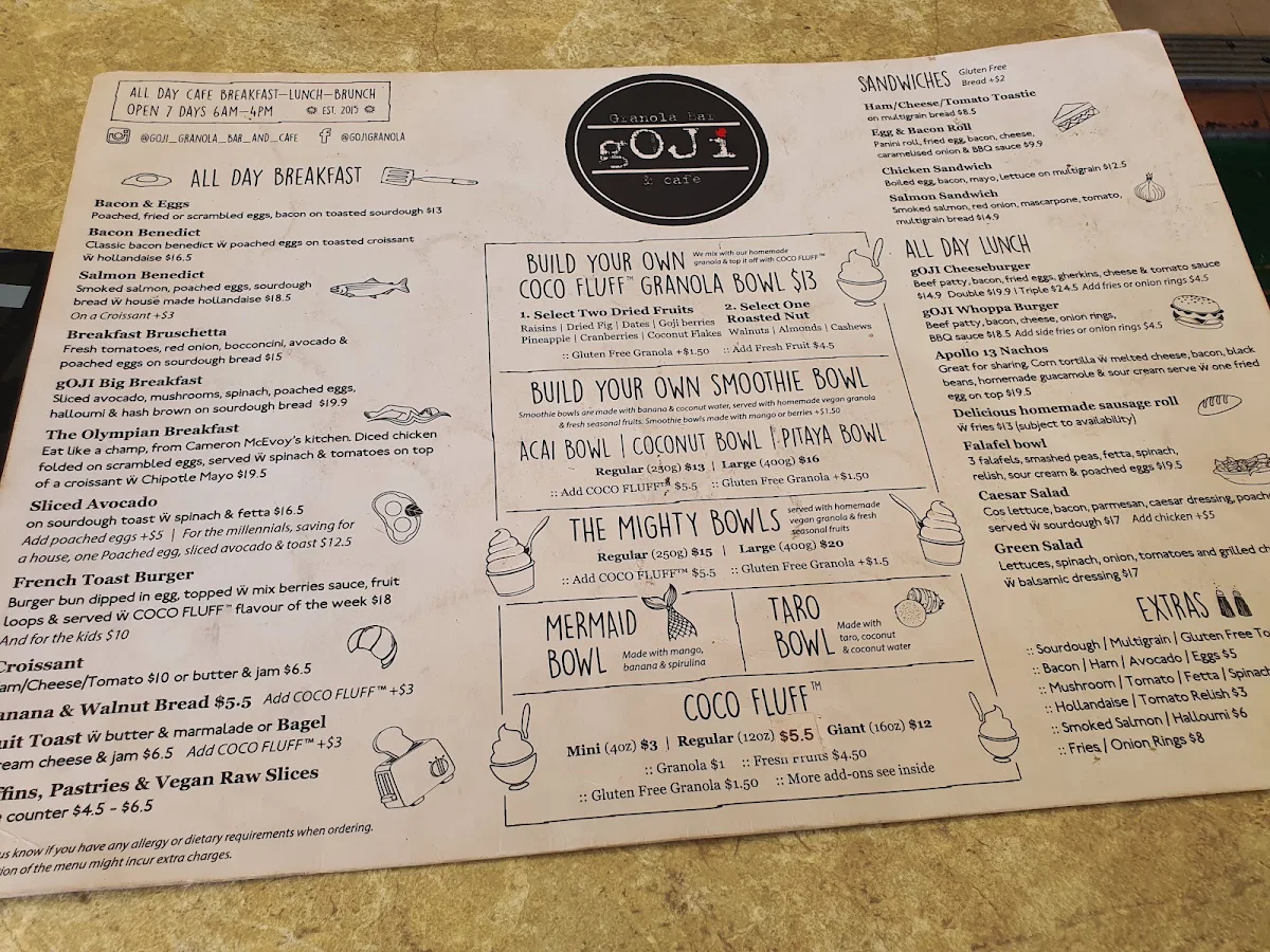 Menu, Goji Granola Bar & Cafe