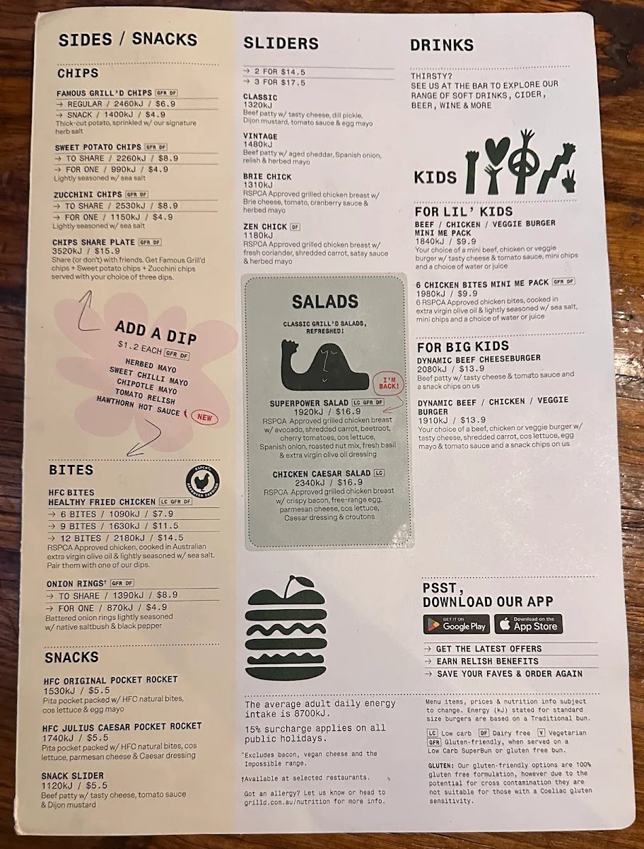 Menu, Grill'd Burgers - Westfield Sydney