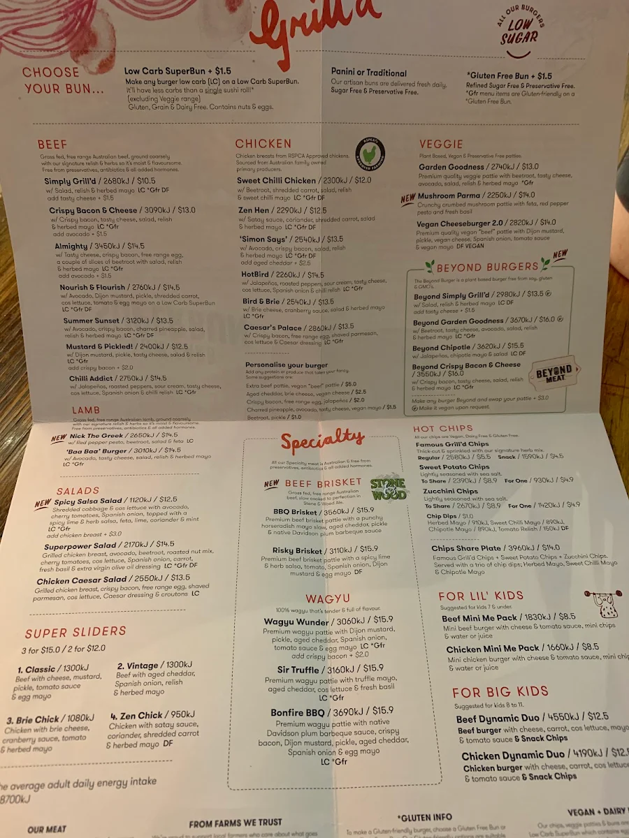 Menu, Grill'd Burgers - Westfield Sydney
