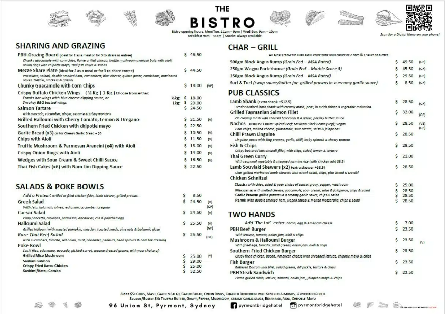 Menu, Pyrmont Bridge Hotel