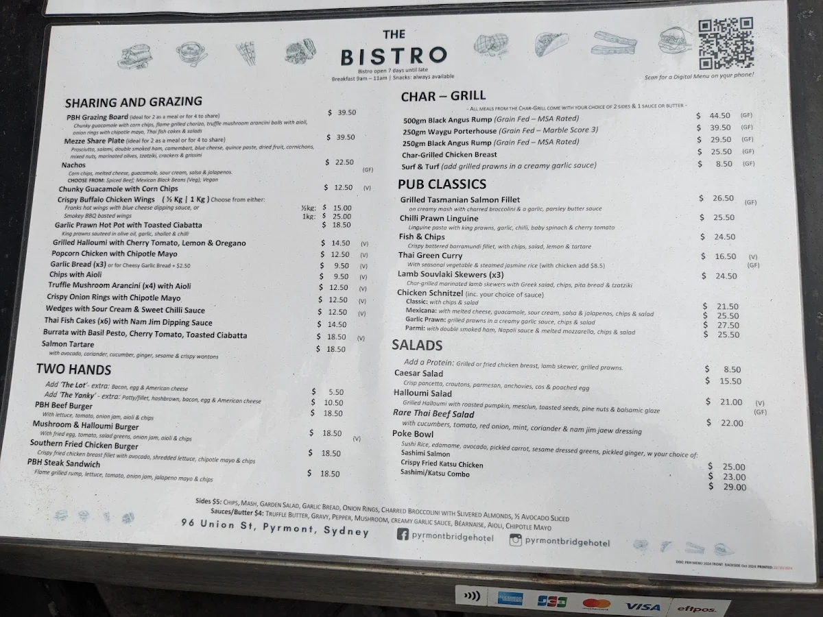 Menu, Pyrmont Bridge Hotel