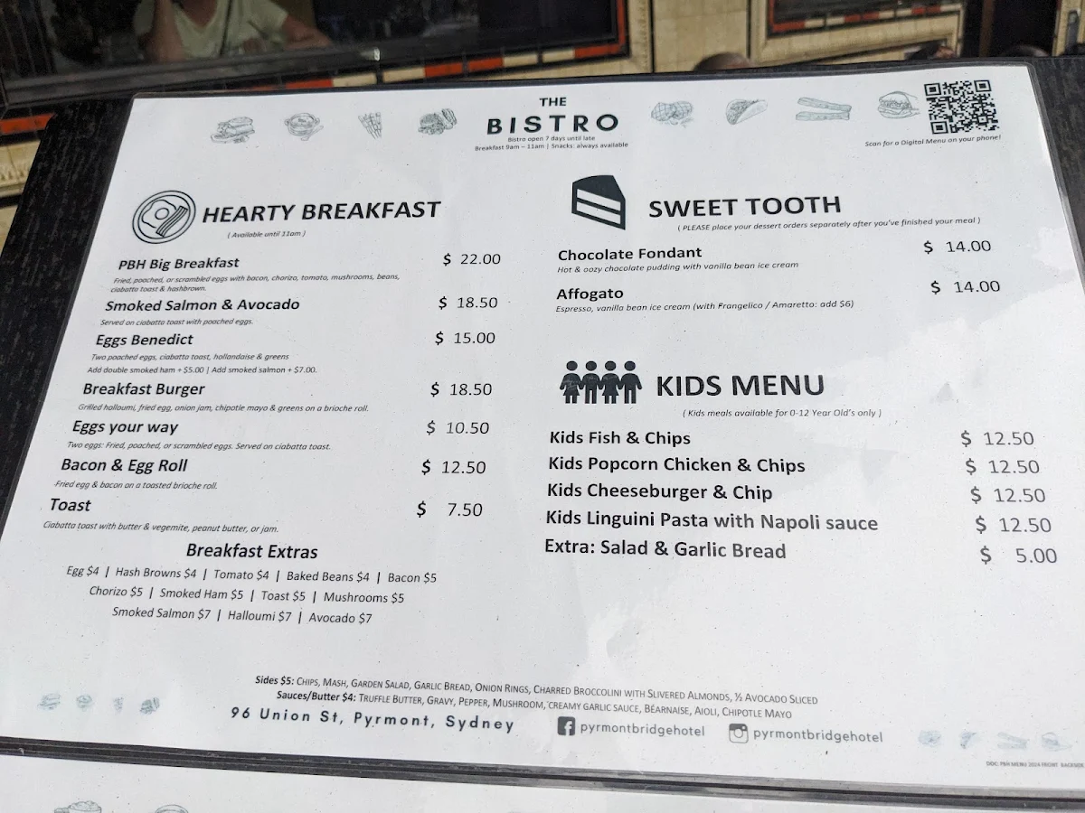 Menu, Pyrmont Bridge Hotel