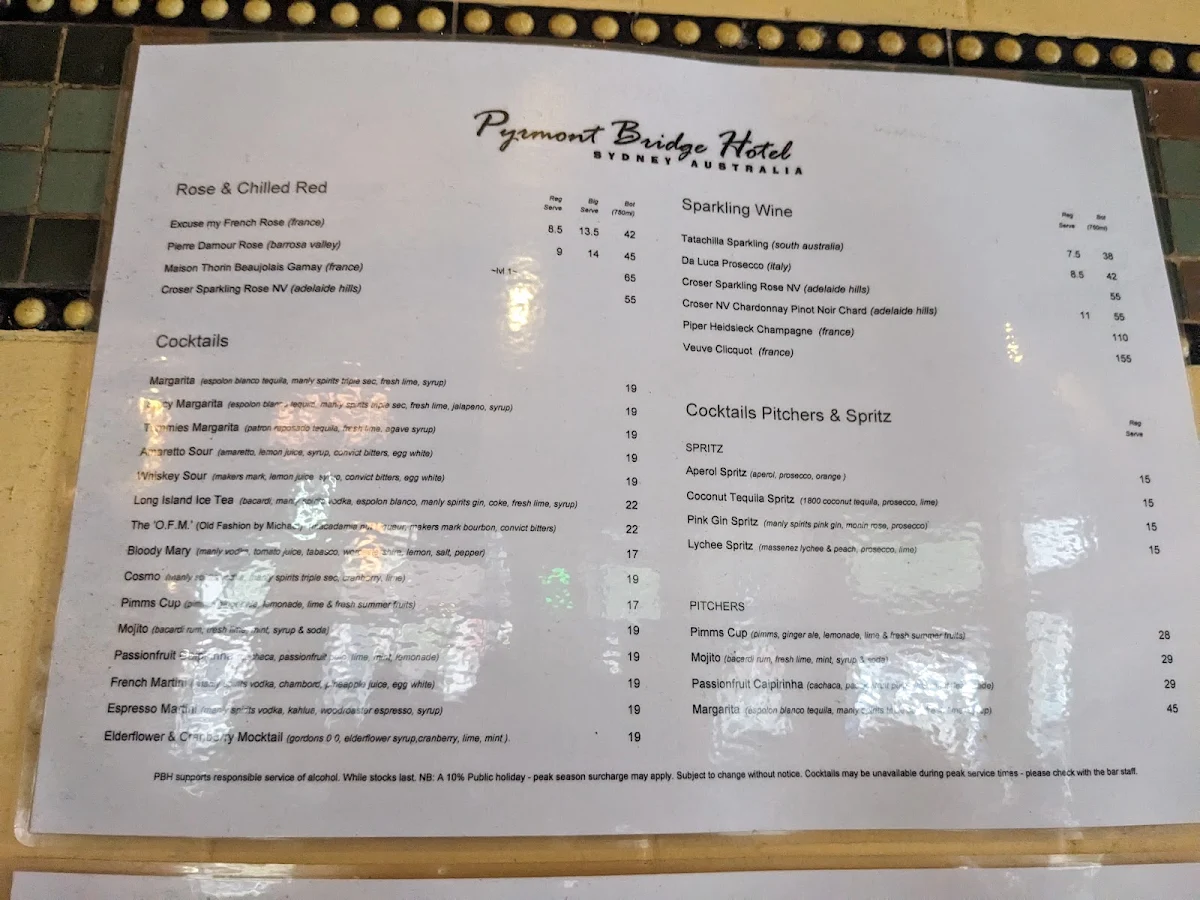 Menu, Pyrmont Bridge Hotel
